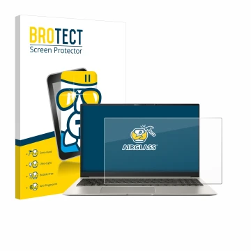 Front side of a product packaging with the brand logo BROTECT. Next to it is the device ASUS ZenBook 15 OLED UM3504 shown with