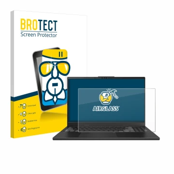 Front side of a product packaging with the brand logo BROTECT. Next to it is the device ASUS VivoBook Pro 15 OLED N6506 shown 