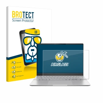Front side of a product packaging with the brand logo BROTECT. Next to it is the device ASUS Vivobook S 14 OLED M5406 shown wi