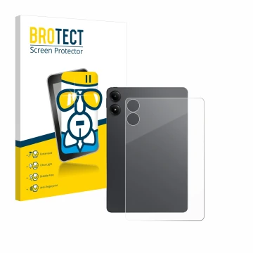 Front side of a product packaging with the brand logo BROTECT. Next to it is the device Xiaomi Redmi Pad Pro (Back) shown with