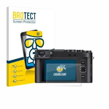 Front side of a product packaging with the brand logo BROTECT. Next to it is the device Leica D-Lux 8 shown with the correspon