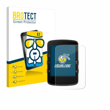 Front side of a product packaging with the brand logo BROTECT. Next to it is the device Bryton Rider 460 shown with the corres