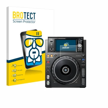 Front side of a product packaging with the brand logo BROTECT. Next to it is the device Pioneer XDJ -1000MK2 shown with the co