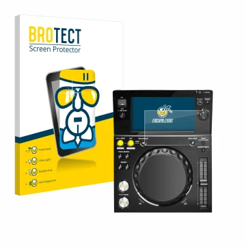 Front side of a product packaging with the brand logo BROTECT. Next to it is the device Pioneer XDJ -700 shown with the corres