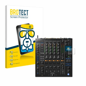 Front side of a product packaging with the brand logo BROTECT. Next to it is the device Pioneer DJM A9 shown with the correspo