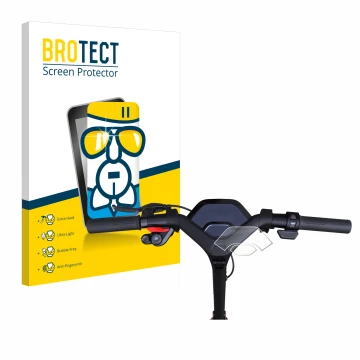 Front side of a product packaging with the brand logo BROTECT. Next to it is the device Segway Ninebot P65D shown with the cor