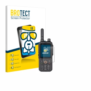 Front side of a product packaging with the brand logo BROTECT. Next to it is the device Inrico T320 shown with the correspondi