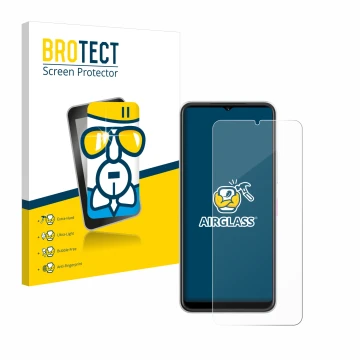 Front side of a product packaging with the brand logo BROTECT. Next to it is the device Telekom T Phone 2 shown with the corre