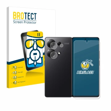 Front side of a product packaging with the brand logo BROTECT. Next to it is the device Xiaomi Redmi Note 13 Pro 4G (Front+Cam