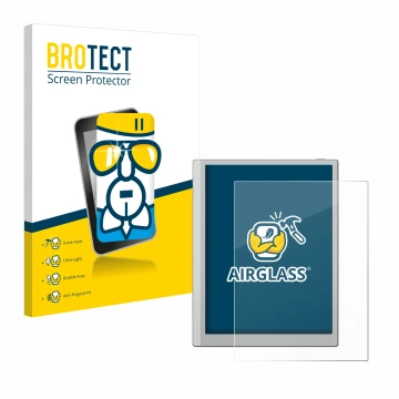 Front side of a product packaging with the brand logo BROTECT. Next to it is the device Boox Go 10.3 shown with the correspond