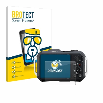 Front side of a product packaging with the brand logo BROTECT. Next to it is the device Ricoh Pentax WG-1000 shown with the co