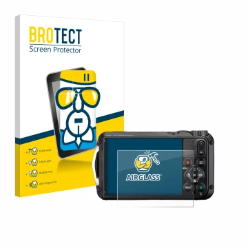 Front side of a product packaging with the brand logo BROTECT. Next to it is the device Ricoh Pentax WG-8 shown with the corre