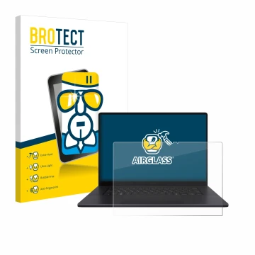 Front side of a product packaging with the brand logo BROTECT. Next to it is the device ASUS ProArt P16 shown with the corresp