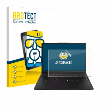 Front side of a product packaging with the brand logo BROTECT. Next to it is the device Lenovo ThinkPad P16s Gen 3 shown with 