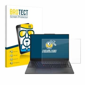 Front side of a product packaging with the brand logo BROTECT. Next to it is the device Lenovo ThinkPad E16 Gen 2 shown with t