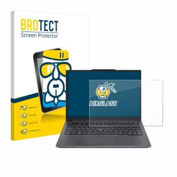 Front side of a product packaging with the brand logo BROTECT. Next to it is the device Lenovo ThinkPad E14 Gen 6 shown with t