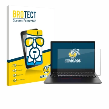 Front side of a product packaging with the brand logo BROTECT. Next to it is the device Lenovo ThinkPad L13 Gen 5 shown with t