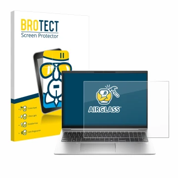 Front side of a product packaging with the brand logo BROTECT. Next to it is the device HP EliteBook 845 G11 shown with the co