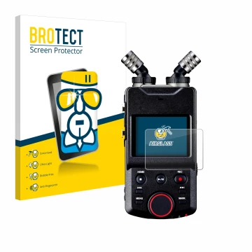 Front side of a product packaging with the brand logo BROTECT. Next to it is the device Tascam Portacapture X6 shown with the 