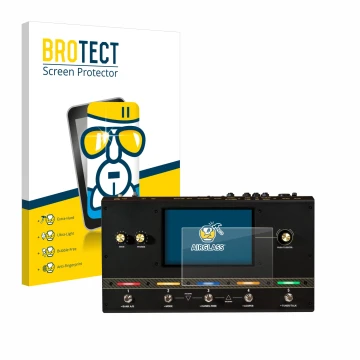 Front side of a product packaging with the brand logo BROTECT. Next to it is the device Headrush Core shown with the correspon