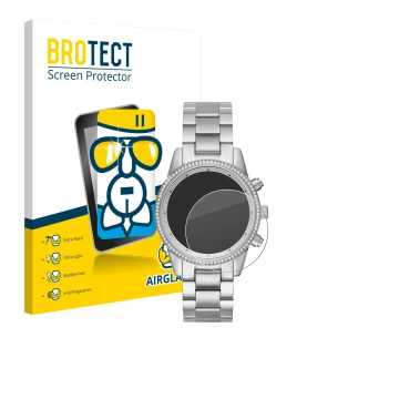 Front side of a product packaging with the brand logo BROTECT. Next to it is the device Michael Kors Ritz MK6428 shown with th