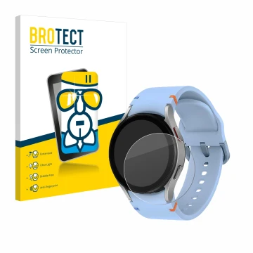 Front side of a product packaging with the brand logo BROTECT. Next to it is the device Samsung Galaxy Watch FE shown with the