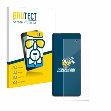 Front side of a product packaging with the brand logo BROTECT. Next to it is the device Motorola Moto G85 shown with the corre
