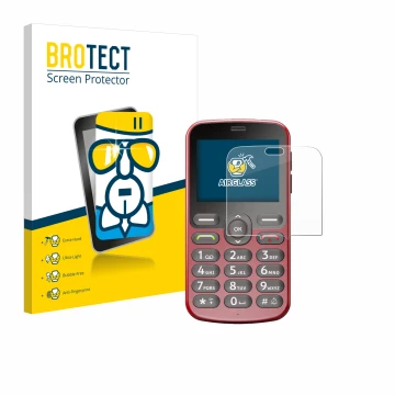 Front side of a product packaging with the brand logo BROTECT. Next to it is the device Doro 1880 shown with the corresponding