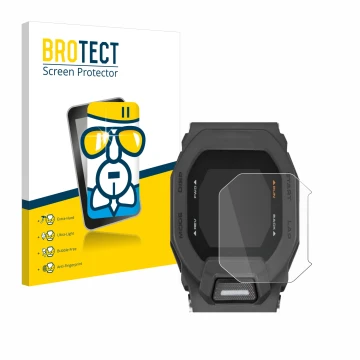 Front side of a product packaging with the brand logo BROTECT. Next to it is the device Casio G-Shock GBD-200 shown with the c
