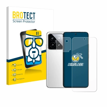 Front side of a product packaging with the brand logo BROTECT. Next to it is the device Xiaomi 14 (Front+Camera) shown with th