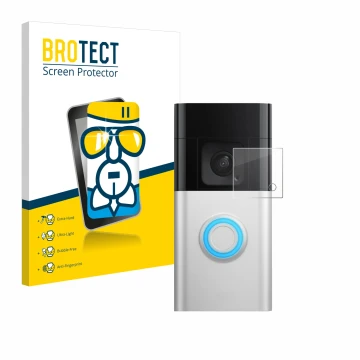 Front side of a product packaging with the brand logo BROTECT. Next to it is the device Ring Battery Video Doorbell Pro shown 