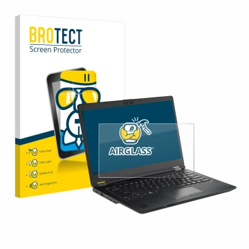 Front side of a product packaging with the brand logo BROTECT. Next to it is the device Fujitsu Lifebook U7410 shown with the 