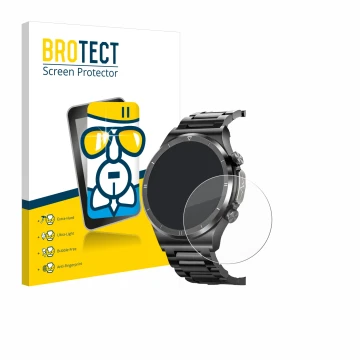 Front side of a product packaging with the brand logo BROTECT. Next to it is the device Powerwill Smartwatch 1.39