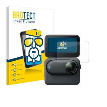 Front side of a product packaging with the brand logo BROTECT. Next to it is the device Insta360 Go 3S shown with the correspo
