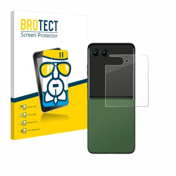 Front side of a product packaging with the brand logo BROTECT. Next to it is the device Motorola Razr 50 Ultra (Back display) 