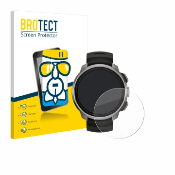 Front side of a product packaging with the brand logo BROTECT. Next to it is the device Suunto Ocean shown with the correspond