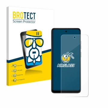 Front side of a product packaging with the brand logo BROTECT. Next to it is the device Motorola Moto E14 shown with the corre