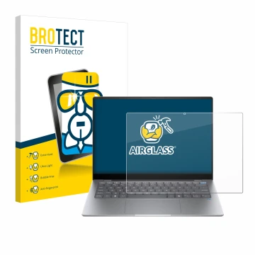 Front side of a product packaging with the brand logo BROTECT. Next to it is the device HP OmniBook X AI 14 shown with the cor