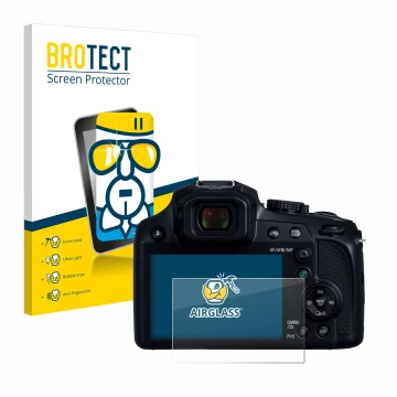 Front side of a product packaging with the brand logo BROTECT. Next to it is the device Panasonic Lumix DC-FZ82D shown with th