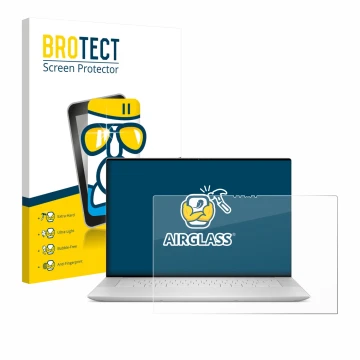 Front side of a product packaging with the brand logo BROTECT. Next to it is the device Dell XPS 16 9640 shown with the corres