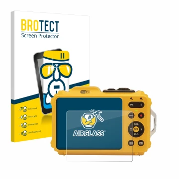 Front side of a product packaging with the brand logo BROTECT. Next to it is the device Kodak Pixpro WPZ2 shown with the corre