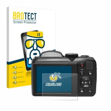 Front side of a product packaging with the brand logo BROTECT. Next to it is the device Kodak Pixpro AZ255 shown with the corr