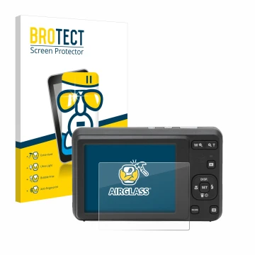 Front side of a product packaging with the brand logo BROTECT. Next to it is the device Kodak Pixpro FZ55 shown with the corre