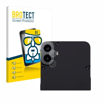 Front side of a product packaging with the brand logo BROTECT. Next to it is the device Nothing CMF Phone 1 (ONLY Camera Lens)