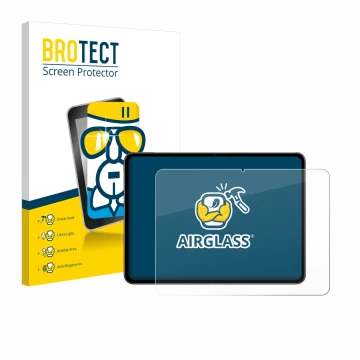 Front side of a product packaging with the brand logo BROTECT. Next to it is the device OnePlus Pad 2 shown with the correspon