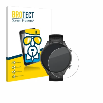 Front side of a product packaging with the brand logo BROTECT. Next to it is the device OnePlus watch 2R shown with the corres