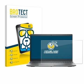 Front side of a product packaging with the brand logo BROTECT. Next to it is the device Dell Precision 3580 shown with the cor