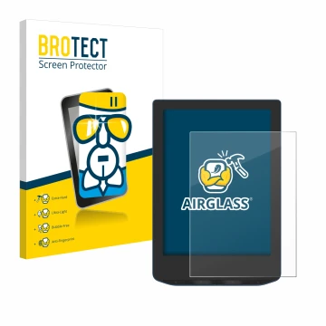 Front side of a product packaging with the brand logo BROTECT. Next to it is the device PocketBook Verse Pro Color shown with 