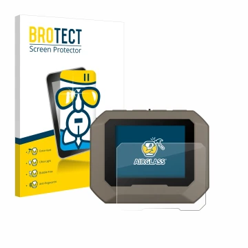 Front side of a product packaging with the brand logo BROTECT. Next to it is the device Garmin Xero C1 Pro shown with the corr