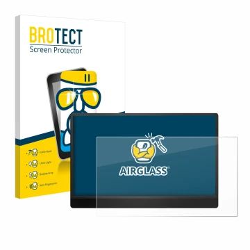 Front side of a product packaging with the brand logo BROTECT. Next to it is the device MSI Pro MP161 E2 shown with the corres